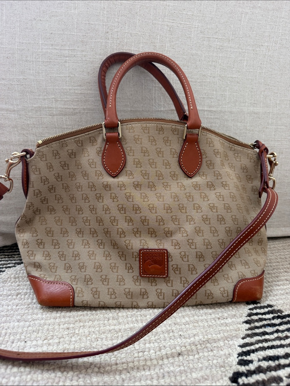 Dooney & Bourke vintage Monogram Satchel with Brown Leather Trim